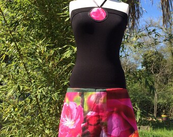 Robe Bustier /Jupe en Jersey Noir -Coton Imprimé photo Fleurs ROSE