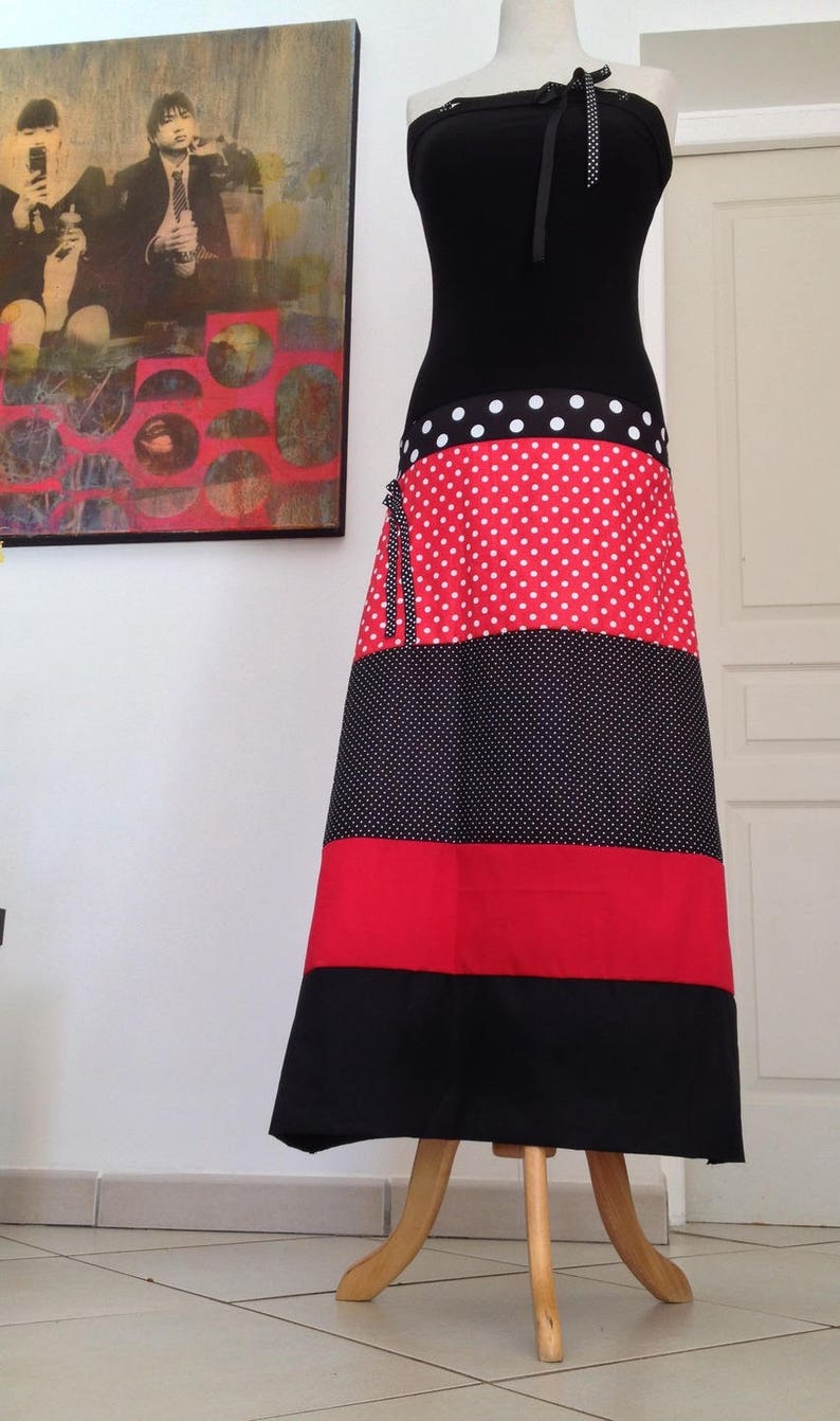 Robe Bustier/Jupe Longue en Jersey Noir Coton Imprimé Pois Rouge image 2