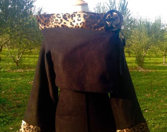 Sold only Bolero two-tone polar fleece Noire/Fausse Leopard fur + brooch / realizable in colors of your