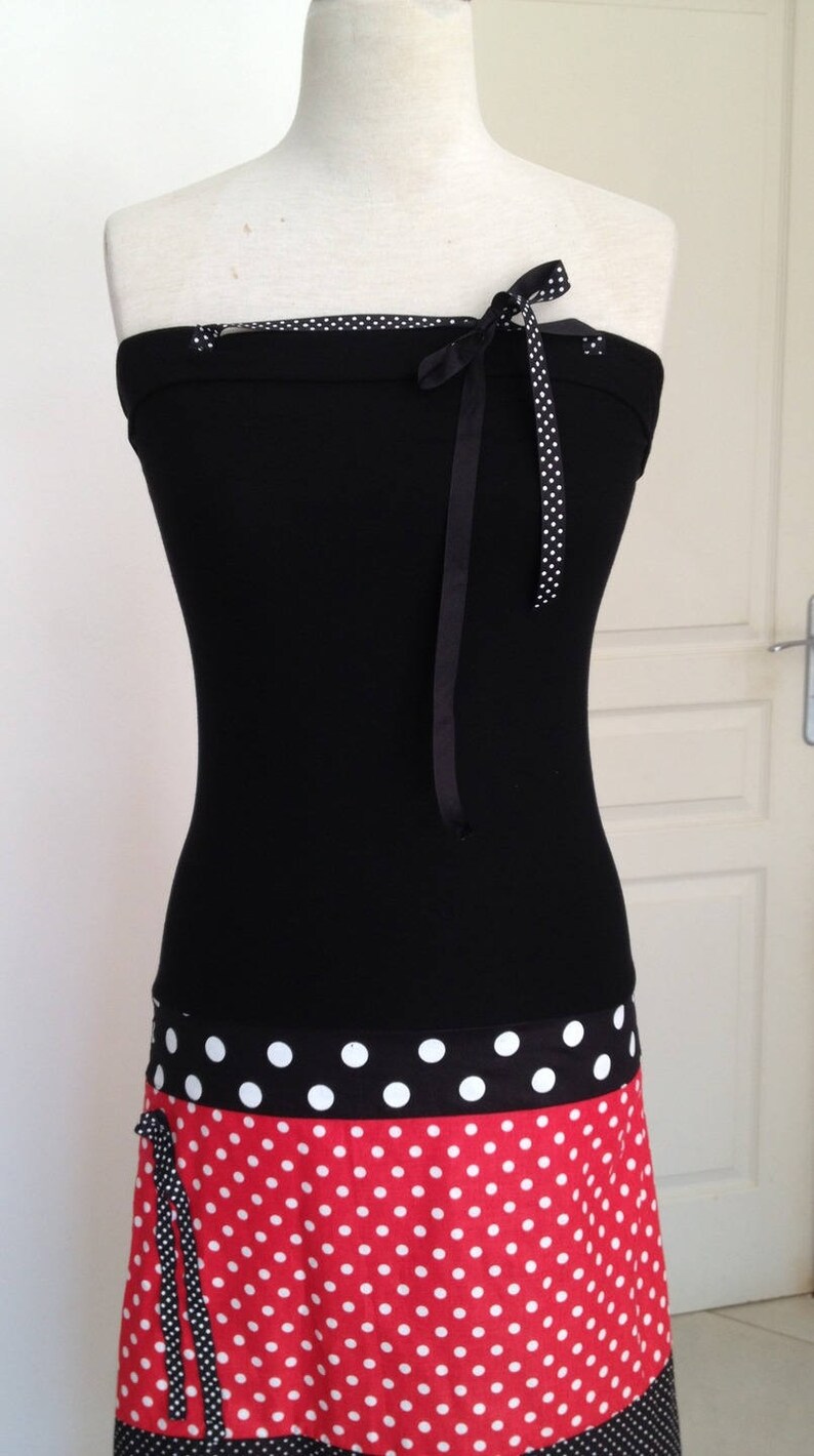 Robe Bustier/Jupe Longue en Jersey Noir Coton Imprimé Pois Rouge image 3