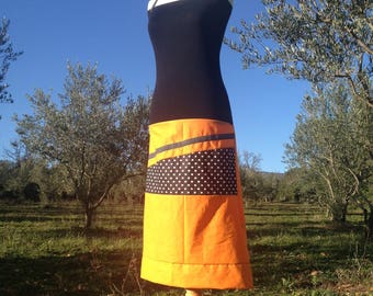 Robe Bustier/Jupe Longue en Jersey Noir -Orange et Coton Imprimé Pois