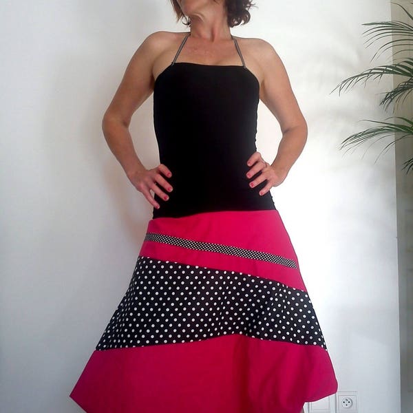 4en1: Combi Sarouel /Jupe boule/Sarouel/Robe Boule Rose /Pois Noirs