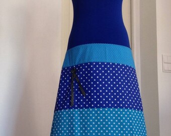 Robe Bustier/Jupe Longue en Jersey bleu Roy-Coton Imprimé Pois bleus