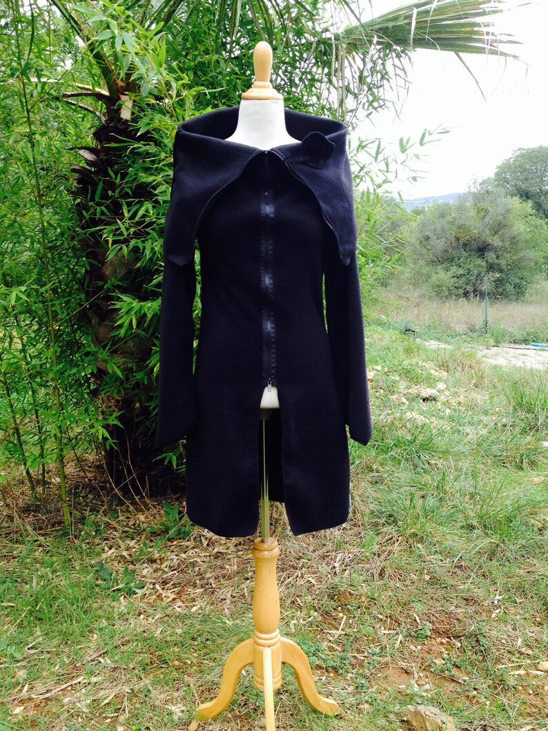 Coat / organic black organic cotton fleece zip jacket All inside out Pocket brooch organic fleece image 5