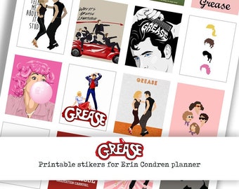 Printable stickers "Grease, pink ladies, T bird, Danny, Sandy" Erin Condren life planner- Instant Download