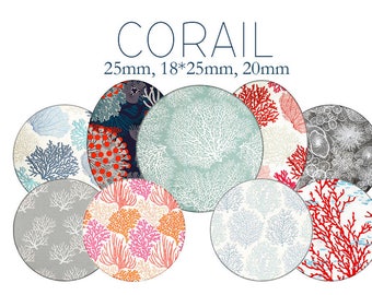 Planche d'images cabochons / digitales "Corail, coraux, mer, barrière" ronds