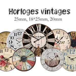 Peut inclure: Assortiment de huit cadrans d'horloge de style vintage avec des chiffres romains et arabes. Les cadrans d'horloge sont de différentes couleurs et designs, notamment noir, blanc, rouge, bleu et vert. Les cadrans d'horloge mesurent 25 mm, 18*25 mm et 20 mm.