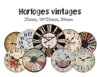 Planche d'images cabochon / digitales "Horloges vintages, montre, réveille, clock, watch, cadran" pour cabochons ronds ENVOI