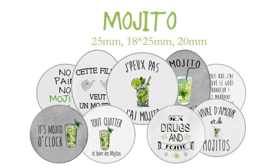 Planche d'images cabochons / digitales "Mojito, Cuba, alcool, boisson, fête, soirée, citron vert, menthe, rhum"
