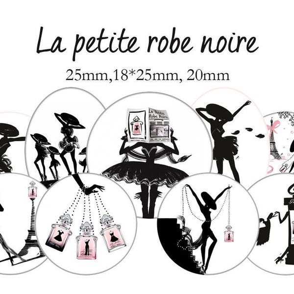 Planche d'images cabochons / digitales "La petite robe noire, Paris, parfum, haute couture" ronds et ovales