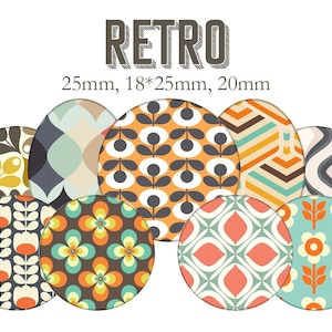 Peut inclure: Huit cabochons ronds, colorés, à motifs rétro. Les cabochons sont de différentes tailles, notamment 25 mm, 18*25 mm et 20 mm. Les motifs comprennent des formes géométriques, des fleurs et des feuilles.