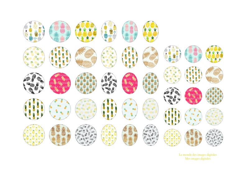 Planche d'images cabochons / digitales Ananas, été, jaune, fruit, exotique ronds et ovales image 2