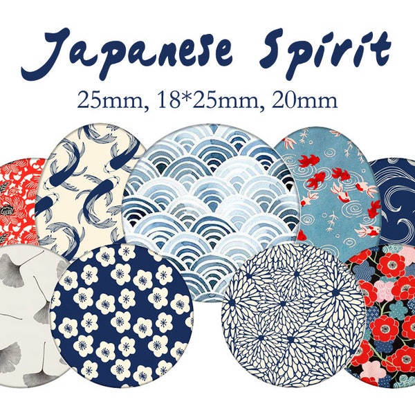 Planche d'images cabochons / digitales "Japonais, Motifs japonais, fleurs de cerisier, géométrique, origami, poisson" ronds et ovales