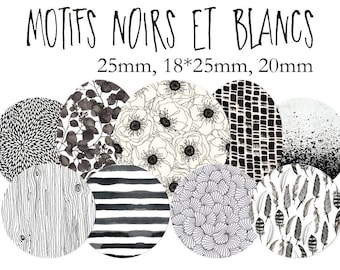 Printable Digital Collage Sheet images "Black and white, flower, feather, pattern "- Instant Download