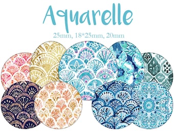Planche d'images cabochons / digitales "Aquarelle, mandala, motifs, japonais, couleur, pastel, peinture" ronds et ovales