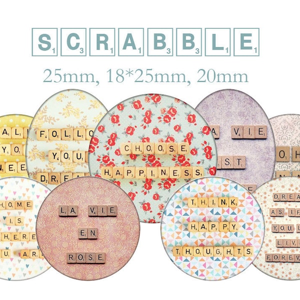 Planche d'images cabochons / digitales "Scrabble, citation" ronds et ovlales