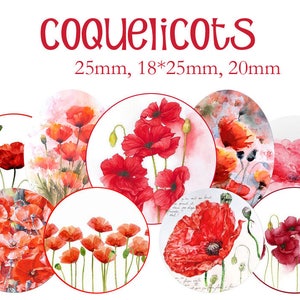 Planche d'images cabochon / digitales Coquelicots pour cabochons ronds et ovales image 1