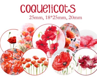 Printable Digital Collage Sheet images "Poppy, flower, red, watercolor"- Instant Download