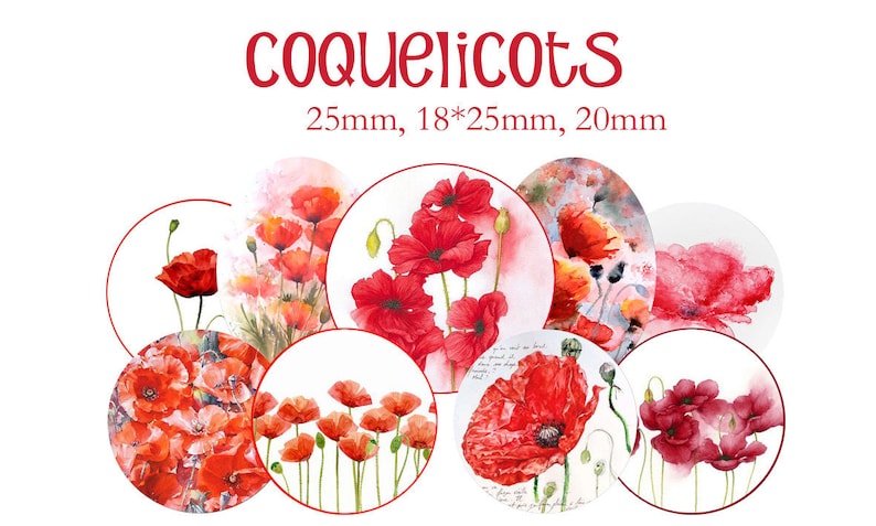 Planche d'images cabochon / digitales Coquelicots pour cabochons ronds et ovales image 1