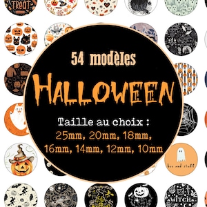 Plank of 54 cabochon/digital images "Halloween, socière, pumpkins, black cat, ghost, spider, dead, skeleton" size of choice