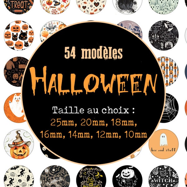 Planche de 54 images cabochons / digitales "Halloween, socière, citrouilles, chat noir, fantôme, araignée, mort, squelette" taille au choix