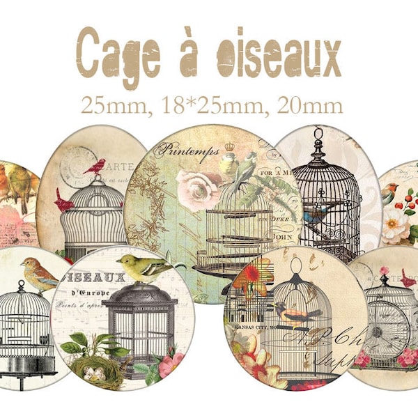 Planche d'images cabochons / digitales "Cage à oiseaux, vintage, rétro, bird, fleurs" ronds et ovales