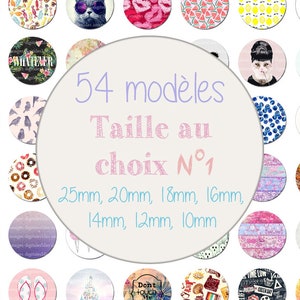 Op de afbeelding: 54 verschillende ontwerpen van ronde, kleurrijke, bedrukte cabochons. De cabochons zijn verkrijgbaar in de maten 10 mm, 12 mm, 14 mm, 16 mm, 18 mm, 20 mm en 25 mm.
