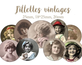 Planche d'images cabochons / digitales "Filettes vintages, filles, photo, sepia, noir et blanc, rétro" ronds et ovlales