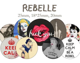 Planche d'images cabochons / digitales "Rebelle, vulgaire, provocante, fuck " ronds et ovlales