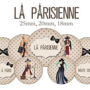 Cabochons collage sheet / digital &quot;Paris, fashion, chic, elegant, high fashion, Paris&quot; round
