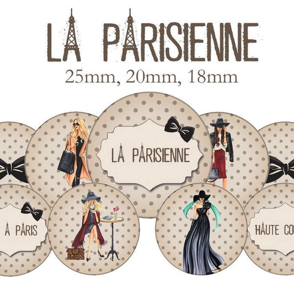 Planche d'images cabochons / digitales "La parisienne, mode, chic, élégance, haute couture, Paris" ronds