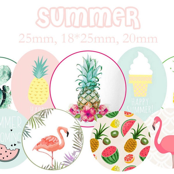 Planche d'images digitales "Summer, flamingo, ananas, watermelon, ice cream" pour cabochons ronds et ovales ENVOI MAIL