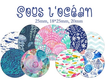 Printable Digital Collage Sheet images "Ocean, sea, shell, fish, jellyfish, coral"- Instant Download