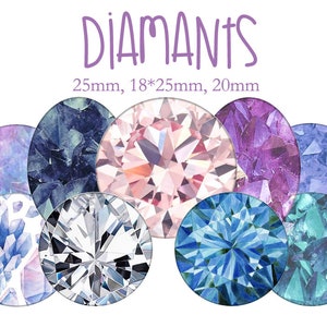 Può includere: Un set di otto illustrazioni di diamanti ad acquerello in vari colori, tra cui rosa, blu, viola e turchese. I diamanti sono di dimensioni diverse, il più grande è di 25 mm, 18*25 mm e 20 mm.
