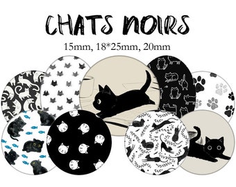 Printable Digital Collage Sheet images "Black cats, cute, Kawaii"- Instant Download