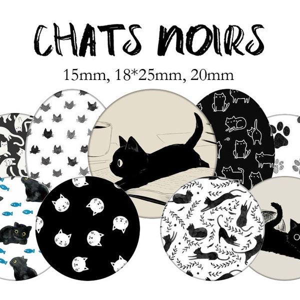 Planche d'images cabochon / digitales "Chats noirs, cute, mignon, black cats, japonais, kawaii" pour cabochons ronds et ovales ENVOI MAIL