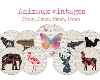 Planche d'images cabochon / digitales "Animaux vintages, partition, fleurs, vintage" pour cabochons ronds ENVOI MAIL