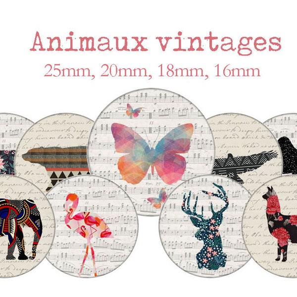 Planche d'images cabochon / digitales "Animaux vintages, partition, fleurs, vintage" pour cabochons ronds ENVOI MAIL