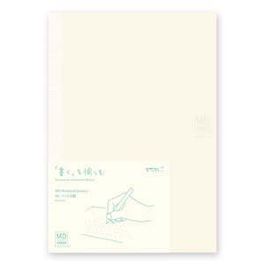 May include: A white notebook with a light green border and the text "MD PAPER" in the bottom right corner. The notebook has a light green illustration of a hand writing on a page with a dotted grid. The text "『書く』を愉しむ" is written in Japanese at the top of the illustration. The text "Designed for Comfortable Writing" is written below the Japanese text. The text "MD Notebook Journal" is written below the illustration. The text "A5 ドット方眼" is written below the journal title. The text "Dot Grid" is written below the Japanese text.