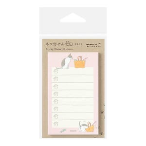 Op de afbeelding: Roze plakbriefjes met een kattenillustratie en een rand van pootjes. De briefjes zijn verpakt in een bruine papieren envelop met de tekst "Neko-chan" en "Sticky Notes 30 sheets" erop gedrukt.