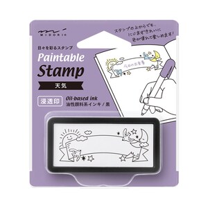 May include: A purple and white package with a black and white stamp inside. The stamp features a banner with clouds, stars, and birds. The text on the package reads "Paintable Stamp" and "Oil-based ink".