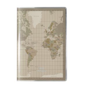 May include: A planner with a world map design. The cover features a beige world map with country outlines in various shades of green and brown. The year "2024" is printed at the bottom. The planner is encased in a clear plastic cover.