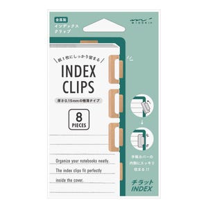 May include: A set of eight metal index clips in a green and brown color scheme. The clips are designed to fit inside the cover of a notebook and help organize pages. The text on the packaging reads "Index Clips" and "8 Pieces".