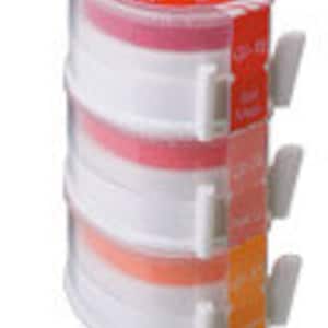 May include: Three-tiered clear plastic food container set with red, orange, and pink lids. The containers are stackable and have a locking mechanism.