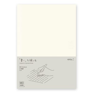 May include: Cream-colored A5 lined MD Notebook. The notebook has a light gray band at the bottom with Japanese text and a drawing of a hand writing with a pen. The MD Paper logo is in the bottom left corner.
