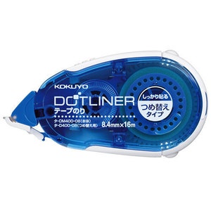 May include: A white and blue Kokuyo Dotliner tape runner. The dispenser has a blue transparent casing with the text "DOTLINER" and "テープのり". The tape measures 8.4mm x 16m. The product is designed for easy refills.
