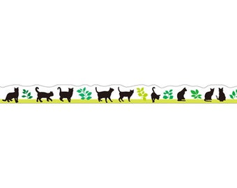 Black Cat and Leaves, PINE BOOK Nami-Nami Deco Masking Tape, 8mm x 8m
