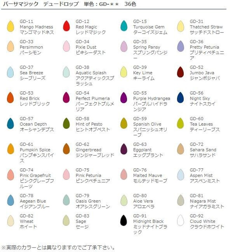 May include: A color chart of 36 different shades of ink, labeled with their names and corresponding color swatches. The chart is titled "VersaMagic  De-Dropp  Single: GD-** 36 Colors".