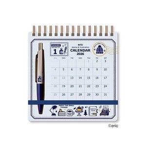 May include: A 2026 calendar with a pen, featuring a blue and white design. The calendar includes the text "eric stamp & illustration CALENDAR 2026" and the phrase "ENJOY THE SMALL THINGS!"