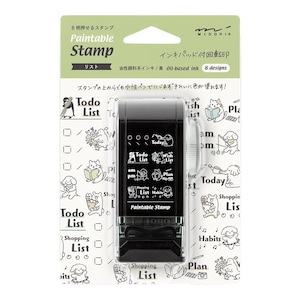 Puede incluir: Un sello Paintable negro con 8 diseños, incluyendo "Todo List" y "Shopping List". El sello está empaquetado con un respaldo verde y blanco con animales ilustrados y texto en japonés.